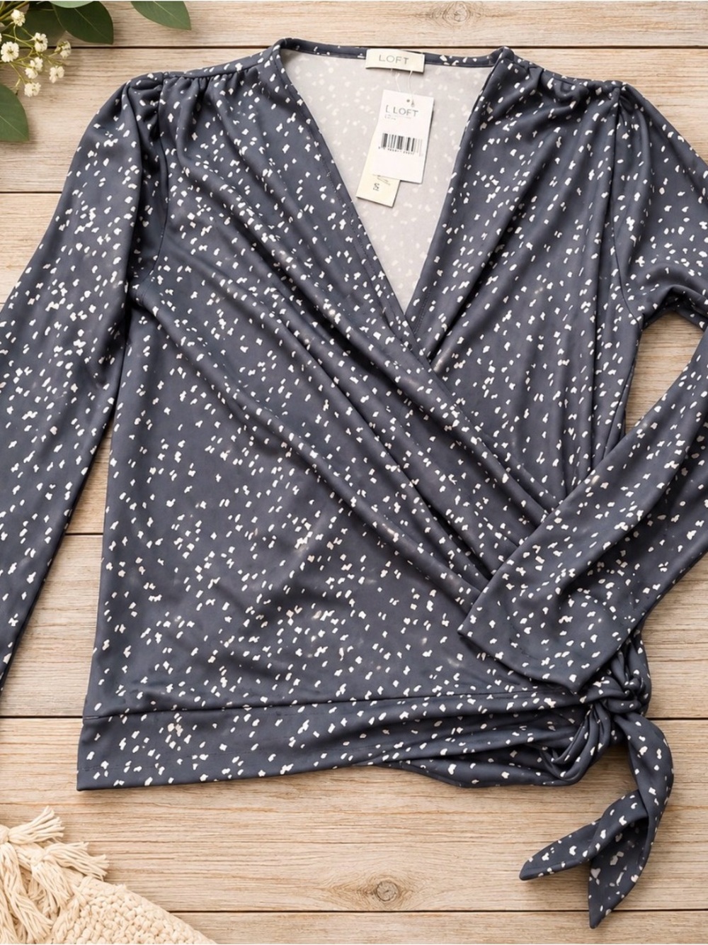 LOFT Charcoal Gray/blue Wrap Front Long-Sleeve Top with White Speckle
